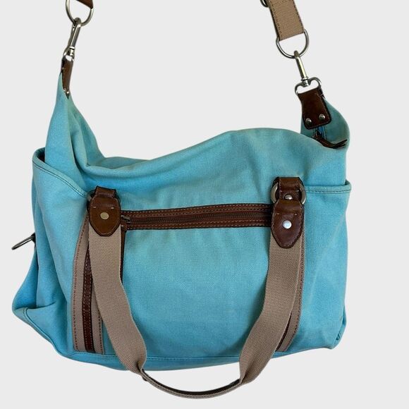 Fossil Blue Canvas Duffel Travel Bag Leather Trim - Picture 6 of 11